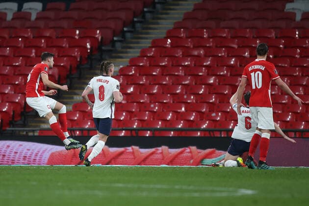 England v Poland 2022 FIFA World Cup, WM, Weltmeisterschaft, Fussball Qualifiers Jakub Moder of Poland scores his sides 1st goal during the 2022 FIFA World Cup Qualifiers match at Wembley Stadium, London Content Not Available For UK Newspapers Copyright: xPaulxChestertonx FIL-15363-0048