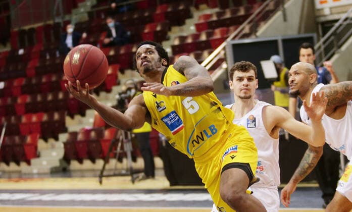 Ludwigsburg , Basketball easyCredit BBL Bundesliga , MHP RIESEN Ludwigsburg vs SYNTAINICS MBC , from left Barry Brown Riesen Marko Krstanovic MBC