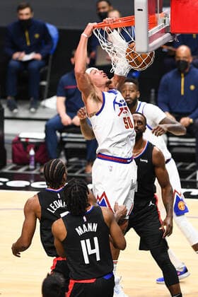 LOS ANGELES, CA - APRIL 01: Denver Nuggets Forward Aaron Gordon (50) dunks the ball during a NBA, Basketball Herren, USA game between the Denver Nuggets and the Los Angeles Clippers on April 1, 2021 at STAPLES Center in Los Angeles, CA. The game was played without fans due to the COVID-19 pandemic. (Photo by Brian Rothmuller Icon Sportswire) NBA: APR 01 Nuggets at Clippers Icon210401018