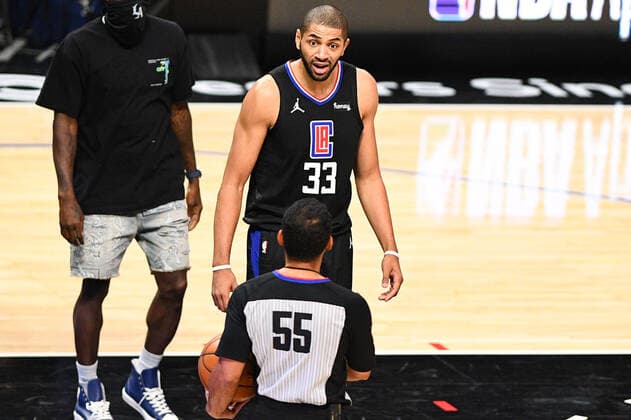 LOS ANGELES, CA - APRIL 01: Los Angeles Clippers Forward Nicolas Batum (33) argues a call during a NBA, Basketball Herren, USA game between the Denver Nuggets and the Los Angeles Clippers on April 1, 2021 at STAPLES Center in Los Angeles, CA. The game was played without fans due to the COVID-19 pandemic. (Photo by Brian Rothmuller Icon Sportswire) NBA: APR 01 Nuggets at Clippers Icon210401028