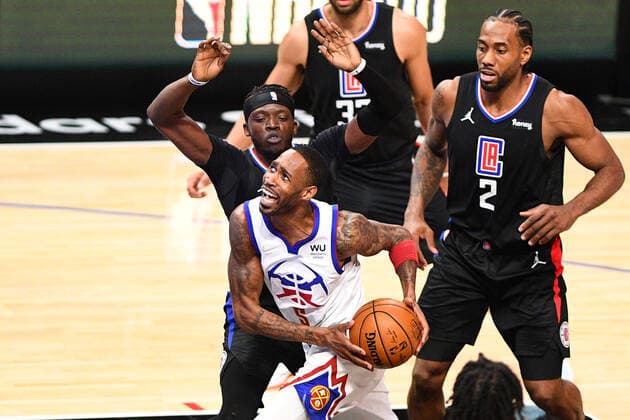 LOS ANGELES, CA - APRIL 01: Denver Nuggets Forward Will Barton (5) drives to the basket guarded by Los Angeles Clippers Guard Reggie Jackson (1) during a NBA, Basketball Herren, USA game between the Denver Nuggets and the Los Angeles Clippers on April 1, 2021 at STAPLES Center in Los Angeles, CA. The game was played without fans due to the COVID-19 pandemic. (Photo by Brian Rothmuller Icon Sportswire) NBA: APR 01 Nuggets at Clippers Icon210401030