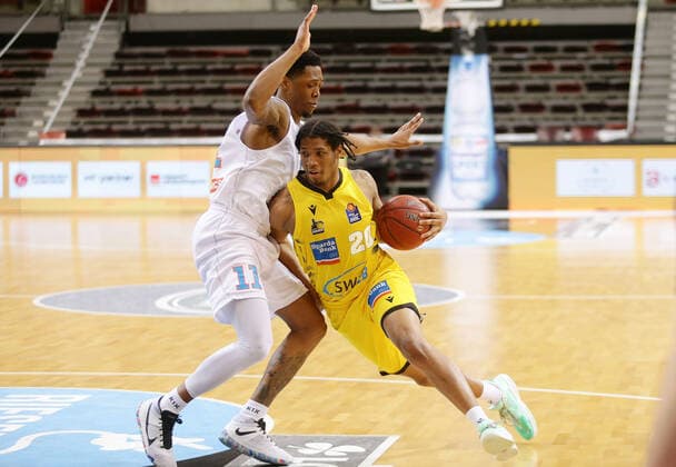 Ludwigsburg , Basketball easyCredit BBL Bundesliga , MHP RIESEN Ludwigsburg vs SYNTAINICS MBC , from left Kyndahl Hill MBC Desi Rodriguez Riesen