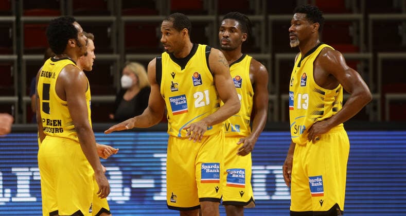 Ludwigsburg , Basketball easyCredit BBL Bundesliga , MHP RIESEN Ludwigsburg vs SYNTAINICS MBC , from left Barry Brown Tremmell Darden Jaleen Smith Yorman Polas bartolo Riesen