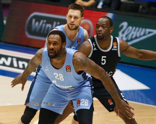 Saint Petersburg, Russia - 2 April 2021: Tarik Black (28) of Zenit are seen in action during the 2020-2021 Turkish Airlines EuroLeague, match between BC ASVEL Villeurbanne and Zenit. MaksimxKonstantinov