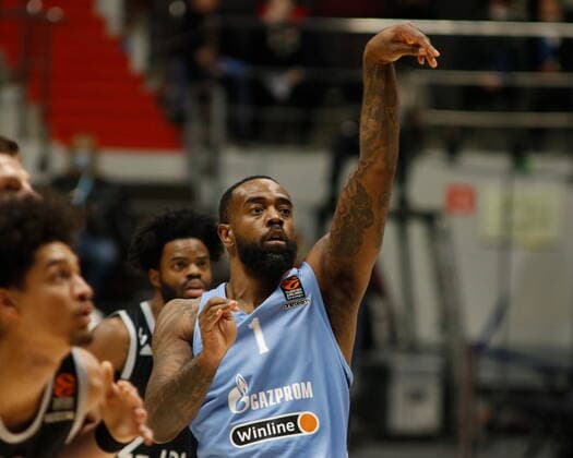 Saint Petersburg, Russia - 2 April 2021: KC Rivers (1) of Zenit are seen in action during the 2020-2021 Turkish Airlines EuroLeague, match between BC ASVEL Villeurbanne and Zenit. MaksimxKonstantinov