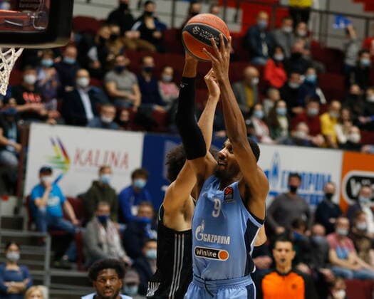 Saint Petersburg, Russia - 2 April 2021: Austin Hollins (9) of Zenit are seen in action during the 2020-2021 Turkish Airlines EuroLeague, match between BC ASVEL Villeurbanne and Zenit. MaksimxKonstantinov