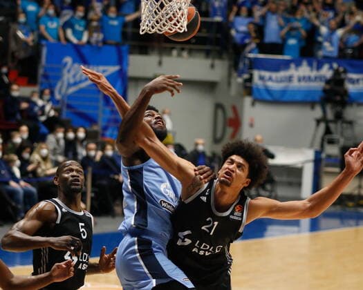 Saint Petersburg, Russia - 2 April 2021: Alex Poythress (22) of Zenit and Ismael Bako (21) of ASVEL Villeurbanne are seen in action during the 2020-2021 Turkish Airlines EuroLeague, match between BC ASVEL Villeurbanne and Zenit. MaksimxKonstantinov