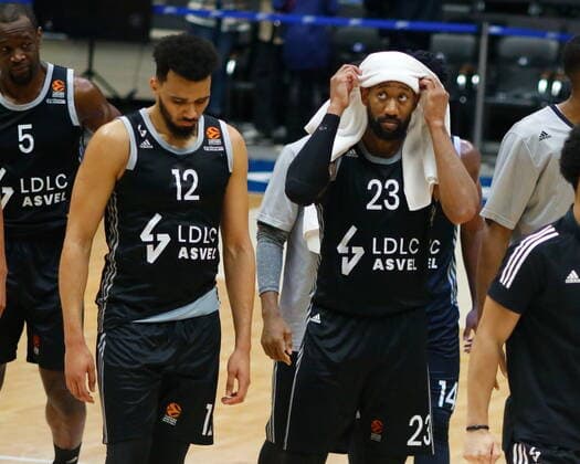 Saint Petersburg, Russia - 2 April 2021: Amine Noua (12), David Lighty (23) of ASVEL Villeurbanne are seen in action during the 2020-2021 Turkish Airlines EuroLeague, match between BC ASVEL Villeurbanne and Zenit. MaksimxKonstantinov