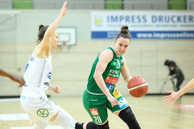 Halle, Germany 03 April 2021 1 BBL Women Play Off 2020 2021 Gisa Lions SV Halle vs Rutronik Stars Keltern v li Laura Schinkel Halle and Sanja Mandic Keltern Erdgas Sportarena Sachsen Anhalt Copyright: xFotostandx xxBallaschx