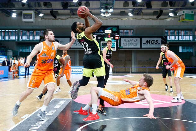 26 Matchday of the easyCredit BBL Basketball Bundesliga on 03 April 2021in the Oberfrankenhalle in Bayreuth Bavaria Germany Season 2020 2021 Medi Bayreuth vs RASTA Vechta Lazeric Jones Medi Bayreuth 12 center Jannes Hundt RASTA Vechta 20 right Will Vorhees RASTA Vechta 41 left