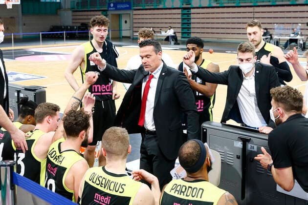 26 Matchday of the easyCredit BBL Basketball Bundesliga on 03 April 2021in the Oberfrankenhalle in Bayreuth Bavaria Germany season 2020 2021 Medi Bayreuth against RASTA Vechta Raoul Korner Medi Bayreuth coach