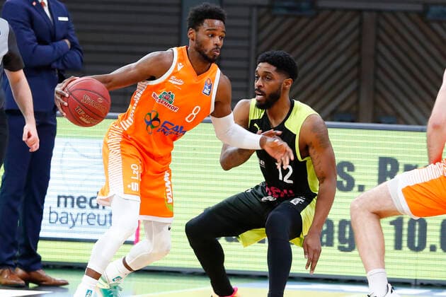 26 Matchday of the easyCredit BBL Basketball Bundesliga on 03 April 2021in the Oberfrankenhalle in Bayreuth Bavaria Germany Season 2020 2021 Medi Bayreuth vs RASTA Vechta Lazeric Jones Medi Bayreuth 12 right Josh Young RASTA Vechta 8 left