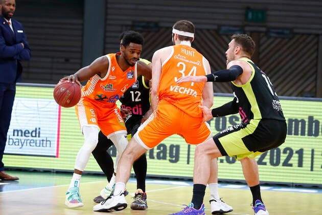 26 Matchday of the easyCredit BBL Basketball Bundesliga on 03 April 2021at the Oberfrankenhalle in Bayreuth Bavaria Germany Season 2020 2021 Medi Bayreuth vs RASTA Vechta Matthew Tiby Medi Bayreuth 15 right Josh Young RASTA Vechta 8 left
