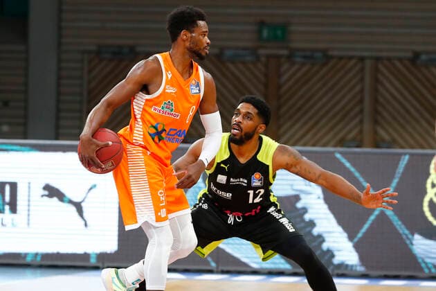 26 Matchday of the easyCredit BBL Basketball Bundesliga on 03 April 2021in the Oberfrankenhalle in Bayreuth Bavaria Germany Season 2020 2021 Medi Bayreuth vs RASTA Vechta Lazeric Jones Medi Bayreuth 12 right Josh Young RASTA Vechta 8 left