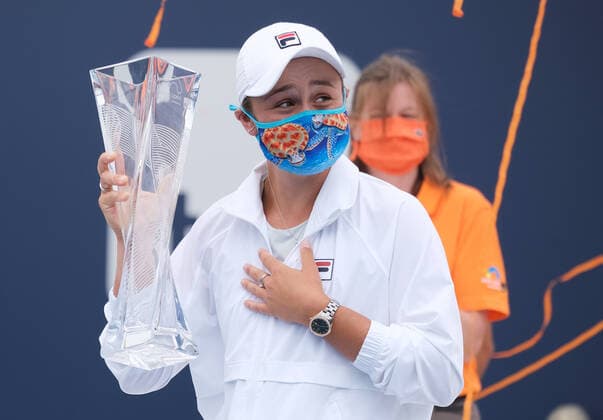 Ashleigh Barty from Australia holds the championship trophy after defeating Bianca Vanessa Andreescu from Canada in the women s finals at the Miami Open at Hard Rock Stadium in Miami Gardens, Florida on Saturday, April 3, 2021. Barty won 6-3, 4-0, Ret.  MIA20210403123 GARYxIxROTHSTEIN