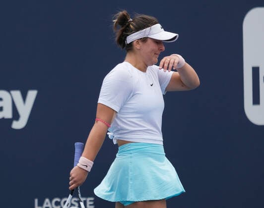 Bianca Vanessa Andreescu from Canada reacts in tears after stoping play in the second set Ashleigh Barty from Australiain the women s finals at the Miami Open at Hard Rock Stadium in Miami Gardens, Florida on Saturday, April 3, 2021. Barty won 6-3, 4-0, Ret.  MIA20210403118 GARYxIxROTHSTEIN