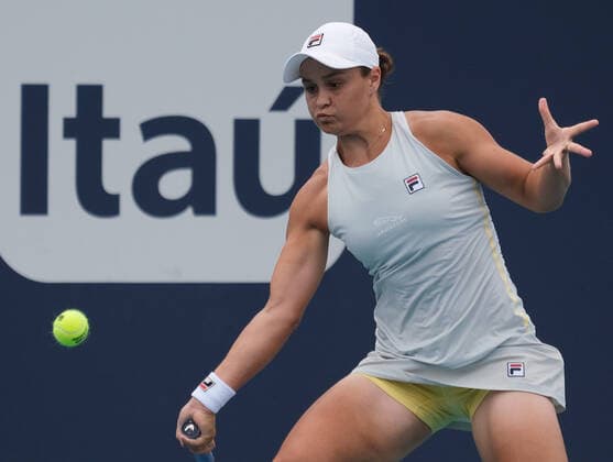 Ashleigh Barty from Australia returns the ball to Bianca Vanessa Andreescu from Canada in the women s finals at the Miami Open at Hard Rock Stadium in Miami Gardens, Florida on Saturday, April 3, 2021. Barty won 6-3, 4-0, Ret.  MIA20210403133 GARYxIxROTHSTEIN
