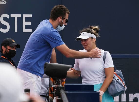 Bianca Vanessa Andreescu from Canada walks off of the court after stoping play at 1:02 in the second set Ashleigh Barty from Australia in the women s finals at the Miami Open at Hard Rock Stadium in Miami Gardens, Florida on Saturday, April 3, 2021. Barty won 6-3, 4-0, Ret.  MIA20210403127 GARYxIxROTHSTEIN