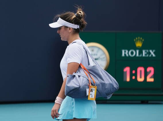 Bianca Vanessa Andreescu from Canada walks off of the court after stoping play at 1:02 in the second set Ashleigh Barty from Australia in the women s finals at the Miami Open at Hard Rock Stadium in Miami Gardens, Florida on Saturday, April 3, 2021. Barty won 6-3, 4-0, Ret.  MIA20210403128 GARYxIxROTHSTEIN