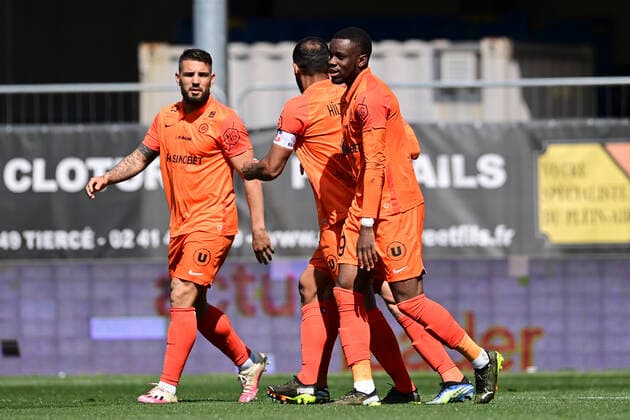 joie des joueurs du MHSC apres le but de Stephy Mavididi (MHSC) FOOTBALL : SCO Angers vs MHSC - Ligue1 Uber Eats - 04 04 2021 JBAutissier Panoramic 