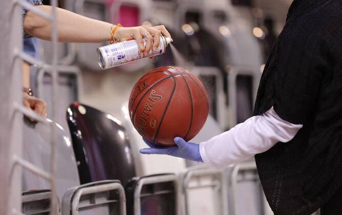 Basketballs are disinfected during the match Telekom Baskets Bonn vs ALBA BERLIN easyCredit BBL 1 Bundesliga , season 2020 2021 , 26 matchday