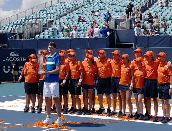 Hubert Hurkacz from Poland celebrates holding the championship trophy after defeating Jannik Sinner from Italy in the men s finals at the Miami Open in Hard Rock Stadium in Miami Gardens, Florida on Sunday, April 4, 2021. Hurkacz defeated 7-6, (7-4) 6-4.  MIA20210404123 GARYxIxROTHSTEIN