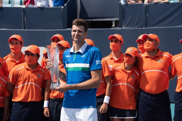 MIAMI GARDENS, FL - APRIL 04: Hubert Hurkacz (POL) holds the tournament trophy after wining the menÕs final of the Miami Open on April 4, 2021, at Hard Rock Stadium in Miami Gardens, Florida (Photo by Michele Eve Sandberg Icon Sportswire) TENNIS: APR 04 Miami Open Icon2104041371