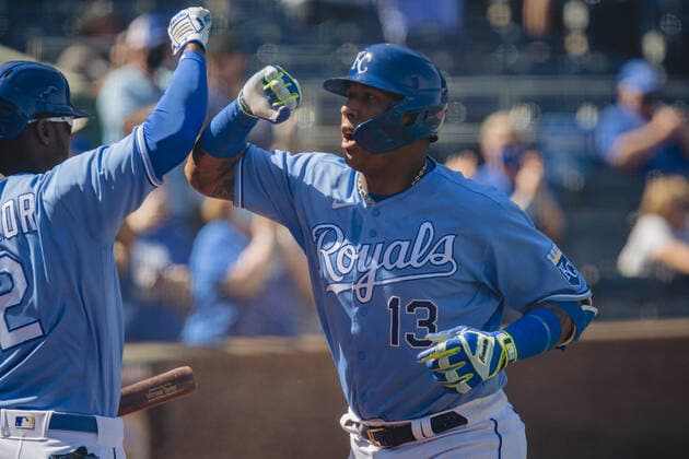 Kansas City Royals catcher Salvador Perez 13 celebrates after hitting a two run home run against the Texas Rangers in the sixth inning at Kaufman Stadium in Kansas City, Missouri on Sunday, April 04, 2021.  KCP202104041203 KYLExRIVAS
