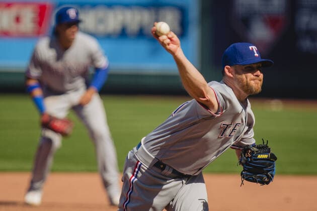 Texas Rangers relief pitcher Ian Kennedy 31 pitches in the ninth inning against the Kansas City Royals at Kaufman Stadium in Kansas City, Missouri on Sunday, April 4, 2021.  KCP20210404201 KYLExRIVAS