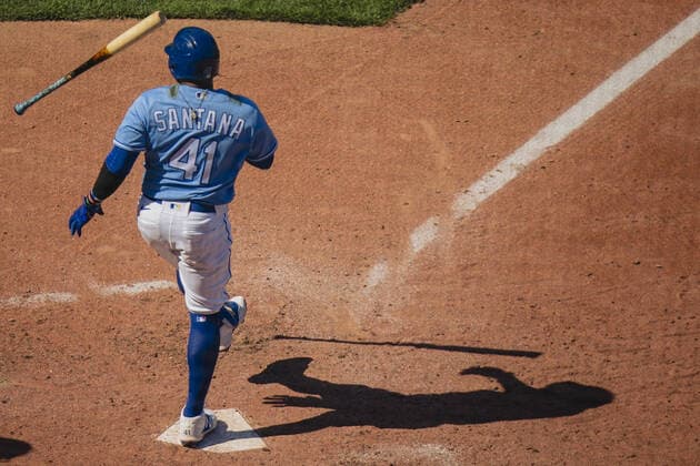 Sport Themen der Woche KW13 Sport Bilder des Tages Kansas City Royals first baseman Carlos Santana 41 flips his bat after missing the Texas Rangers pitch in the 8th inning at Kaufman Stadium in Kansas City, Missouri on Sunday, April 04, 2021.  KCP20210404204 KYLExRIVAS