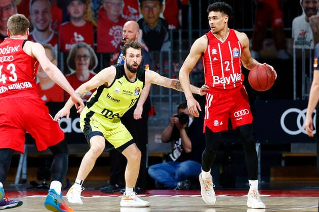 29 Matchday of the easyCredit BBL Basketball Bundesliga on 06 April 2021at the Audi Dome in Munich Bavaria Germany Season 2020 2021 FC Bayern München vs Medi Bayreuth Wade Baldwin FC Bayern München 2 right Bastian Doreth Medi Bayreuth 10 left