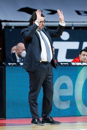29 Matchday of the easyCredit BBL Basketball Bundesliga on 06 April 2021at Audi Dome in Munich Bavaria Germany Season 2020 2021 FC Bayern München vs Medi Bayreuth Andrea Trinchieri FC Bayern München coach