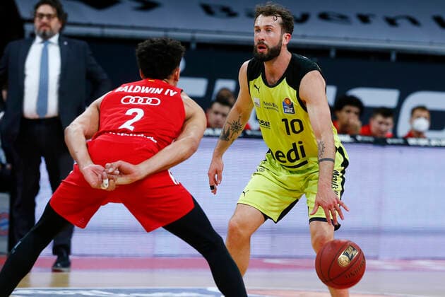29 Matchday of the easyCredit BBL Basketball Bundesliga on 06 April 2021at the Audi Dome in Munich Bavaria Germany Season 2020 2021 FC Bayern München vs Medi Bayreuth Wade Baldwin FC Bayern München 2 left Bastian Doreth Medi Bayreuth 10 right