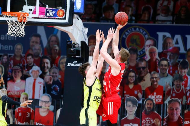29 Matchday of the easyCredit BBL Basketball Bundesliga on 06 April 2021at the Audi Dome in Munich Bavaria Germany Season 2020 2021 FC Bayern München vs Medi Bayreuth Leon Radosevic FC Bayern München 43 right Kay Bruhnke Medi Bayreuth 9 left