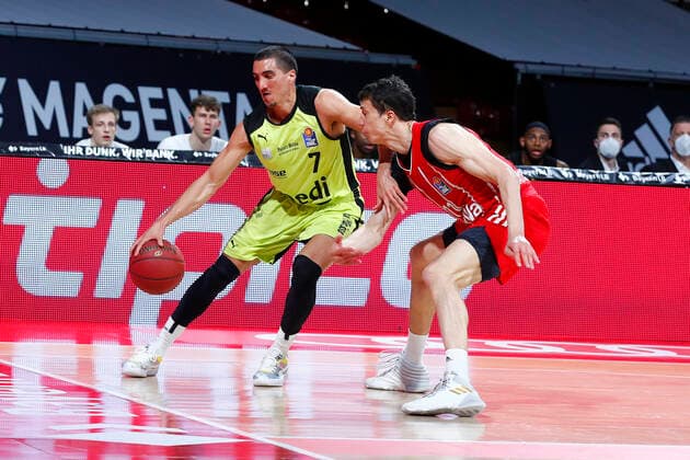 29 Matchday of the easyCredit BBL Basketball Bundesliga on 06 April 2021at the Audi Dome in Munich Bavaria Germany Season 2020 2021 FC Bayern München vs Medi Bayreuth Vladimir Lucic FC Bayern München 11 right Philip Jalalpoor Medi Bayreuth 7 left