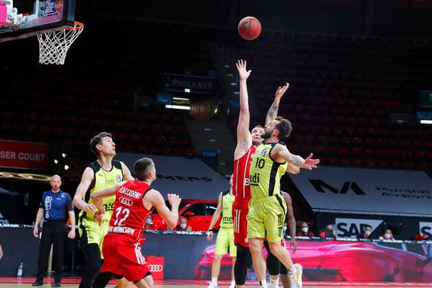 29 Matchday of the easyCredit BBL Basketball Bundesliga on 06 April 2021at the Audi Dome in Munich Bavaria Germany Season 2020 2021 FC Bayern München vs Medi Bayreuth Paul Zipser FC Bayern München 16 left Bastian Doreth Medi Bayreuth 10 right