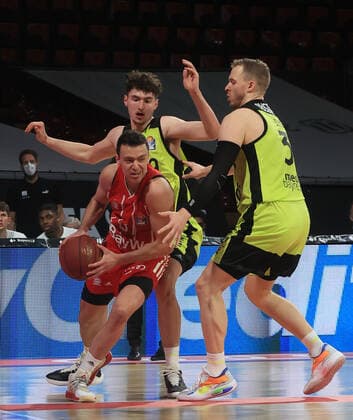 06 04 2021, FC Bayern Basketball vs Media Bayreuth, Audi Dome Muenchen Sport, in the picture Zan Mark Sisko FCB Basketball vs Kay Bruhnke Medi Bayreuth and Oswalds Olisevicius Medi Bayreuth