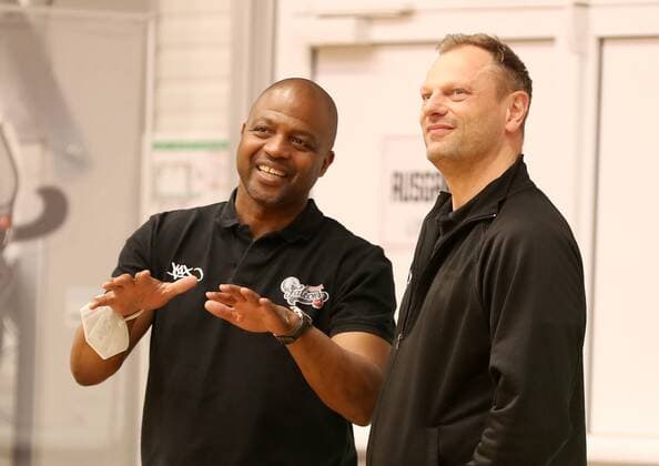 07 04 2021 Basketball Saison 2019 2020 2 Bundesliga Pro A 12 Spieltag Nürnberg Falcons Basketball Club NBC Bayer Giants Leverkusen DaMa Derrick Taylor Co Trainer Assistant Coach Nürnberg Falcons BC NBC Ralph Junge Trainer General Manager Head Coach Nürnberg Falcons BC NBC pensive before the start of the game.
