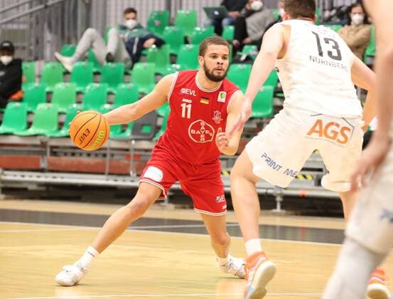 07 04 2021 Basketball Saison 2019 2020 2 Bundesliga Pro A 12 Spieltag Nürnberg Falcons Basketball Club NBC Bayer Giants Leverkusen DaMa Sheldon Eberhardt 11, Bayer Giants Leverkusen Jonathan Maier 13, Nürnberg Falcons BC NBC