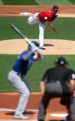 Cleveland Indians Shane Bieber (57) pitches during the first inning against the Kansas City Royals at Progressive Field in Cleveland, Ohio on Wednesday, April 7, 2021.  CLE20210407102 AARONxJOSEFCZYK