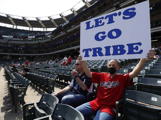 A Cleveland Indians fan against during the Indians game against the Kansas City Royals at Progressive Field in Cleveland, Ohio on Wednesday, April 7, 2021.  CLE20210407105 AARONxJOSEFCZYK