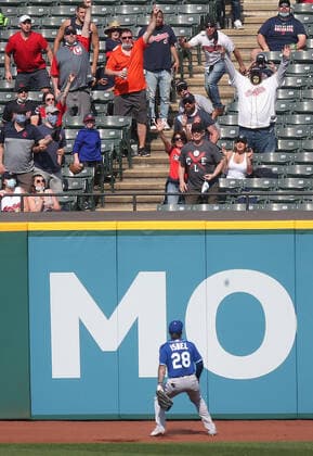 Kansas City Royals Kyle Isbel (28) watches the ball fly into the stands for a two run home run off the bat of Cleveland Indians Jose Ramirez in the eigth inning at Progressive Field in Cleveland, Ohio on Wednesday, April 7, 2021.  CLE20210407115 AARONxJOSEFCZYK