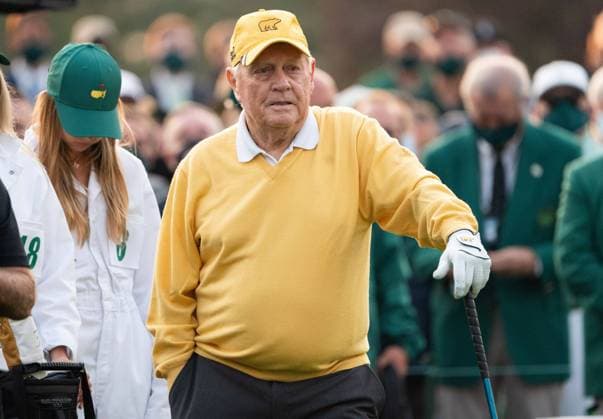 Jack Nicklaus is introduced before the ceremonial tee shot to start the 2021 Masters Tournament at the Augusta National Golf Club in Augusta, Georgia on Thursday, April 8, 2021.  AUG20210408310 KEVINxDIETSCH