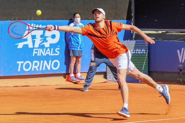 2021 Sardegna Open Tennis - 20210408 CAGLIARI, ITALY, APR 08: Yannick Hanfmann in action during the ATP, Tennis Herren Tour 250 Sardegna Open tennis match against Marco Cecchinato in Cagliari, Italy on April 08, 2021. Yannick Hanfmann won the match 7-5, 6-1. Cagliari Tennis Club Cagliari Italy 6473_237152 Copyright: xGiampieroxSposito PentaxPressx