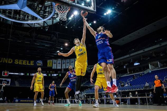 Basketball Berlin 08 04 2021 Euroleague Season 2020 2021 Alba Berlin Red Star Belgrade Marko Jagodic Kuridza Belgrade, No 21 Ben Lammers Alba Berlin, No 50