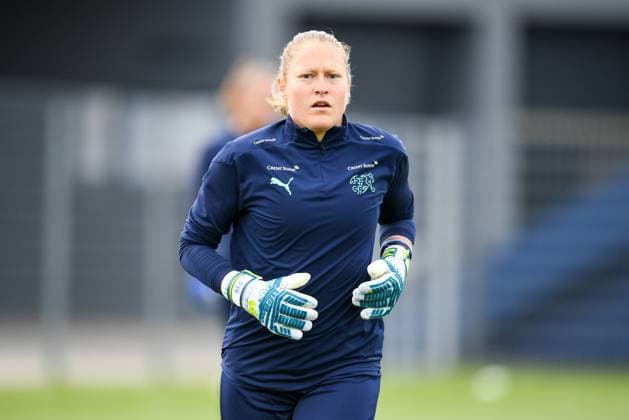 Chomutov, Czech Republic, April Goalkeeper Seraina Friedli (21 Switzerland) in action during warm-up prior to the UEFA Womens Championship Qualifier Playoff game between Czech Republic and Switzerland at Venue Letn stadion na Zadnich Vinohradech in Chomutov, Czech Republic. Vlastimil Vacek UEFA Womens Championship - Czech Republic v Switzerland 