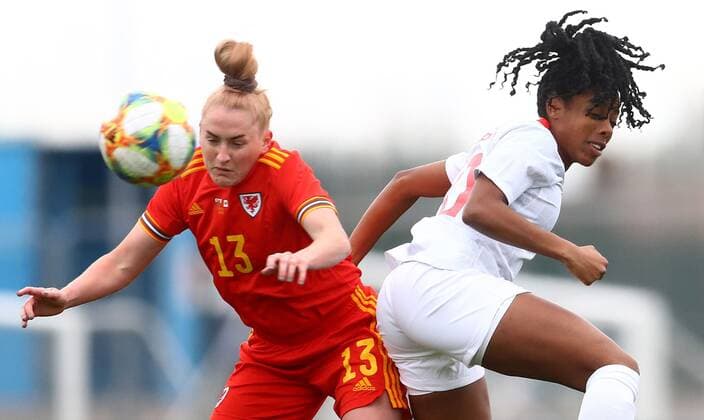 Mandatory Credit: Photo by Kieran McManus BPI Shutterstock (11850238e) Rachel Rowe of Wales and Ashley Lawrence of Canada in action Wales Women v Canada Women, International Friendly, Länderspiel, Nationalmannschaft Football, The Leckwith Athletics Stadium, Cardiff, UK - 9 Apr 2021 EDITORIAL USE ONLY No use with unauthorised audio, video, data, fixture lists, club league logos or live services. Online in-match use limited to 120 images, no video emulation. No use in betting, games or single club league player publications. Wales Women v Canada Women, International Friendly, Football, The Leckwith Athletics Stadium, Cardiff, UK - 9 Apr 2021 EDITORIAL USE ONLY No use with unauthorised audio, video, data, fixture lists, club league logos or live services. Online in-match use limited to 120 images, no video emulation. No use in betting, games or single club league player publications. Copyright: xKieranxMcManus BPI Shutterstockx 11850238e