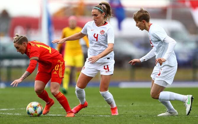 Mandatory Credit: Photo by Kieran McManus BPI Shutterstock (11850238g) Jess Fishlock of Wales and Shelina Zadorsky of Canada in action Wales Women v Canada Women, International Friendly, Länderspiel, Nationalmannschaft Football, The Leckwith Athletics Stadium, Cardiff, UK - 9 Apr 2021 EDITORIAL USE ONLY No use with unauthorised audio, video, data, fixture lists, club league logos or live services. Online in-match use limited to 120 images, no video emulation. No use in betting, games or single club league player publications. Wales Women v Canada Women, International Friendly, Football, The Leckwith Athletics Stadium, Cardiff, UK - 9 Apr 2021 EDITORIAL USE ONLY No use with unauthorised audio, video, data, fixture lists, club league logos or live services. Online in-match use limited to 120 images, no video emulation. No use in betting, games or single club league player publications. Copyright: xKieranxMcManus BPI Shutterstockx 11850238g