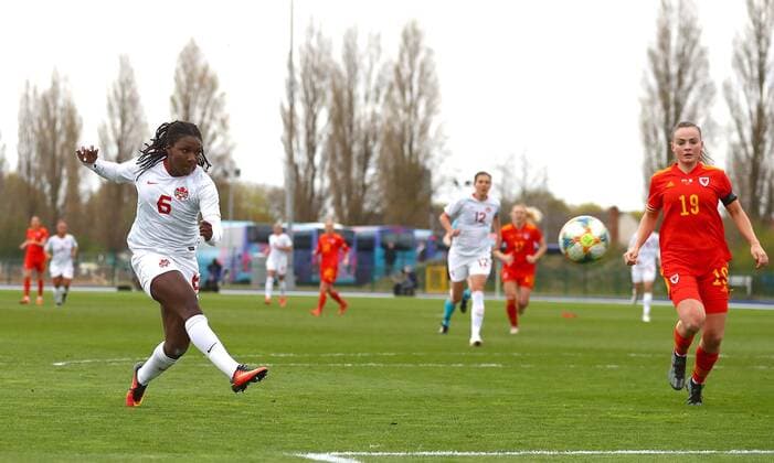Mandatory Credit: Photo by Kieran McManus BPI Shutterstock (11850238i) Deanne Rose of Canada scores a goal to make the score 0-1 Wales Women v Canada Women, International Friendly, Länderspiel, Nationalmannschaft Football, The Leckwith Athletics Stadium, Cardiff, UK - 9 Apr 2021 EDITORIAL USE ONLY No use with unauthorised audio, video, data, fixture lists, club league logos or live services. Online in-match use limited to 120 images, no video emulation. No use in betting, games or single club league player publications. Wales Women v Canada Women, International Friendly, Football, The Leckwith Athletics Stadium, Cardiff, UK - 9 Apr 2021 EDITORIAL USE ONLY No use with unauthorised audio, video, data, fixture lists, club league logos or live services. Online in-match use limited to 120 images, no video emulation. No use in betting, games or single club league player publications. Copyright: xKieranxMcManus BPI Shutterstockx 11850238i