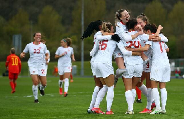 Mandatory Credit: Photo by Kieran McManus BPI Shutterstock (11850238p) Evelyne Viens of Canada celebrates scoring a goal to make the score 0-2 Wales Women v Canada Women, International Friendly, Länderspiel, Nationalmannschaft Football, The Leckwith Athletics Stadium, Cardiff, UK - 9 Apr 2021 EDITORIAL USE ONLY No use with unauthorised audio, video, data, fixture lists, club league logos or live services. Online in-match use limited to 120 images, no video emulation. No use in betting, games or single club league player publications. Wales Women v Canada Women, International Friendly, Football, The Leckwith Athletics Stadium, Cardiff, UK - 9 Apr 2021 EDITORIAL USE ONLY No use with unauthorised audio, video, data, fixture lists, club league logos or live services. Online in-match use limited to 120 images, no video emulation. No use in betting, games or single club league player publications. Copyright: xKieranxMcManus BPI Shutterstockx 11850238p